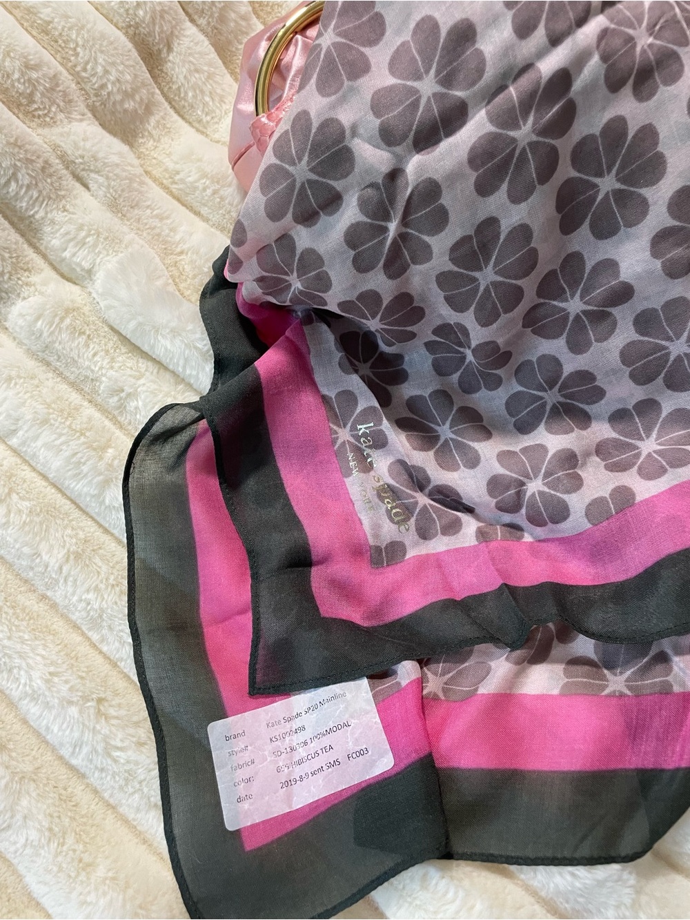 NWOT Kate Spade Pink, Gray and Black Floral Logo Scarf - Picture 3 of 6
